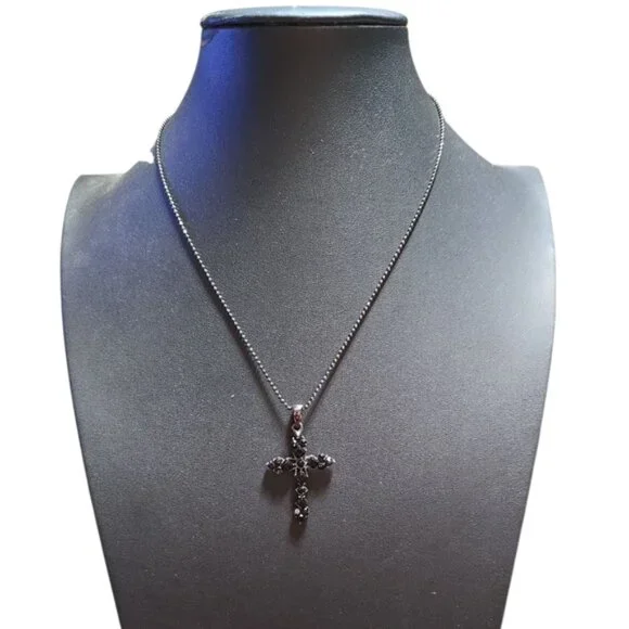 Black Marcasite Cross Pendent Necklace 12 - Picture 1 of 3